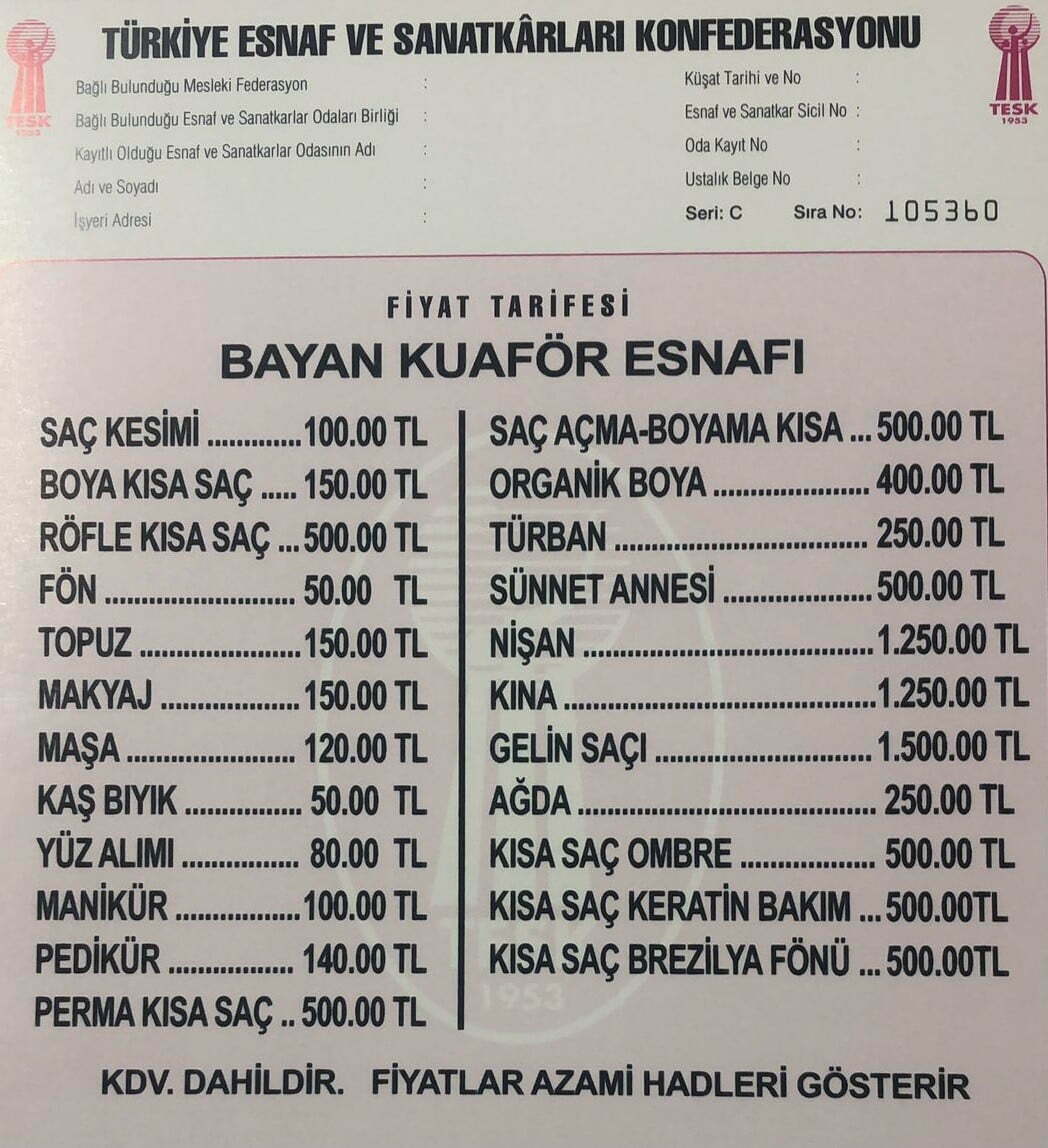 Sinop’ta bayan kuaför tarifesi yenilendi